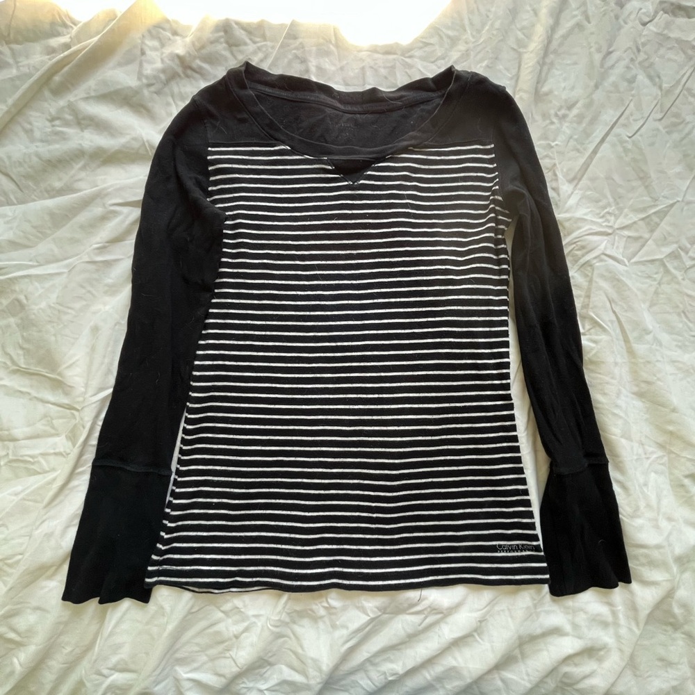 Calvin Klein Performance Black and White Striped Raglan Long Sleeve Tee